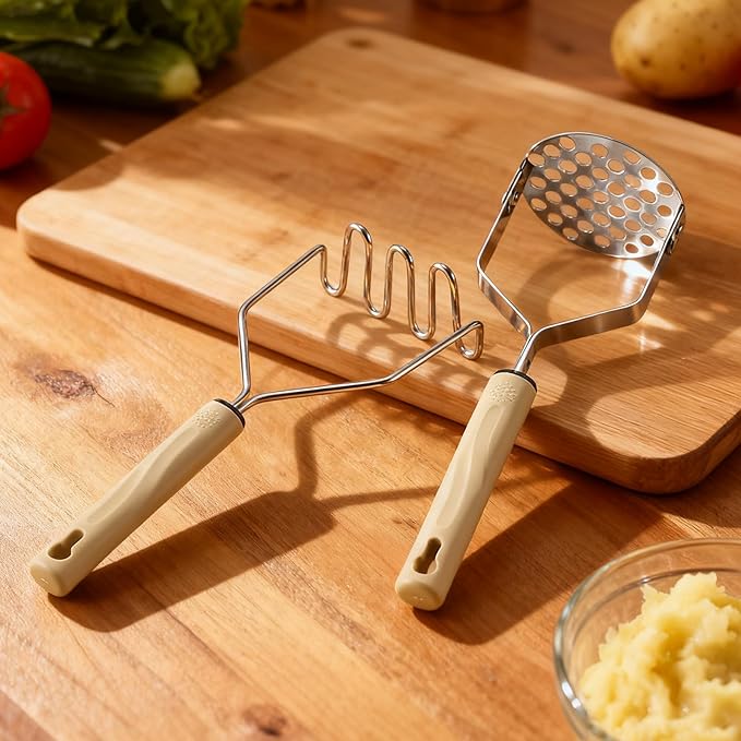 Vriysei Potato Masher Stainless Steel, 2pcs Heavy Duty Mashed Potato Mashers - Masher Kitchen Tool & Food Mashers for Potatoes, Beans, Avocado, Meat, Vegetables Dishwasher Safe