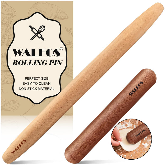 WALFOS French Rolling Pin and Silicone Baking Mat Set, Non-Stick Beech Wood Rolling Pin 15.7 Inch and Pastry Mat for Best Pie Crust, Cookie, Pasta and Pizza Dough