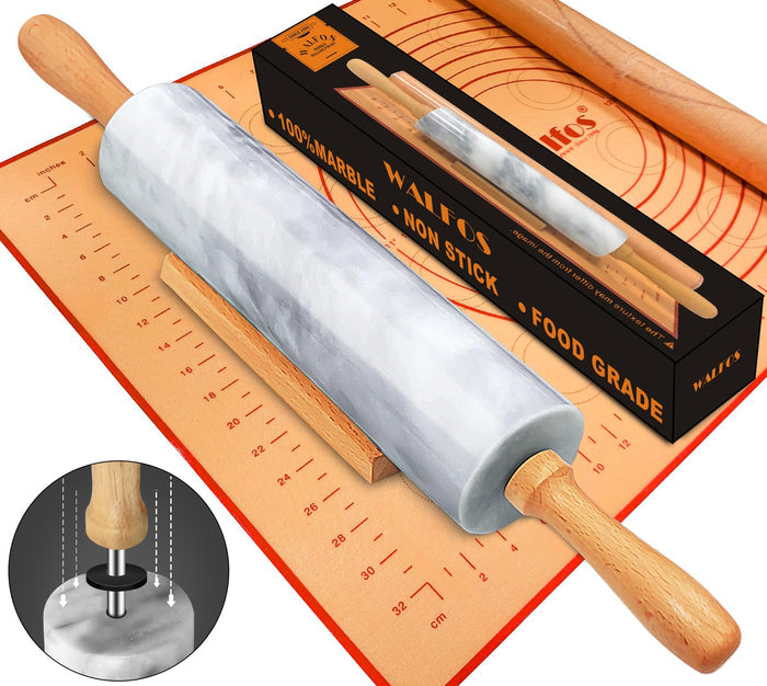 WALFOS French Rolling Pin and Silicone Baking Mat Set, Non-Stick Beech Wood Rolling Pin 15.7 Inch and Pastry Mat for Best Pie Crust, Cookie, Pasta and Pizza Dough