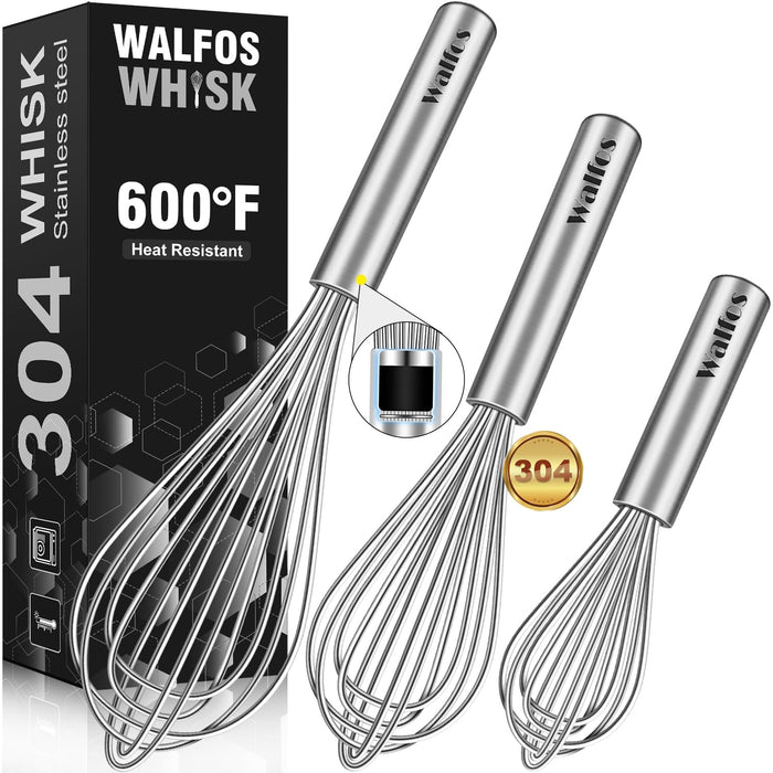 Walfos Whisks Large Whisk Set of 2, Heavy Duty Stainless Steel Wire Whisk Ideal For Beating Eggs, Mixing Batter & Blending Sauces.（13in+17in)