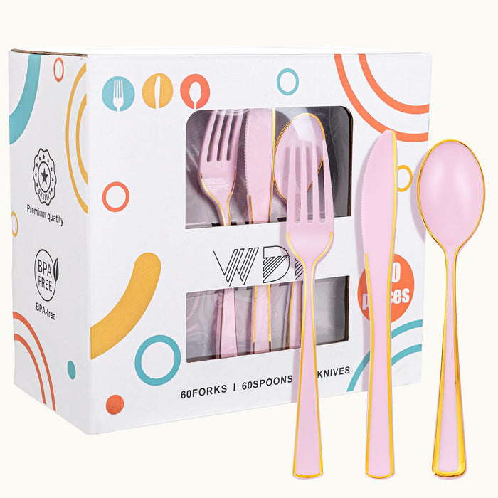 WDF 180PCS Blue Plastic Silverware -Blue and Gold Plastic Cutlery 60 Forks, 60 Knives, 60 Spoons - Heavy Duty Disposable Silverware for Party/Wedding/Birthday
