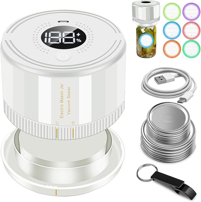 YK Siguoril Auto Stop Electric Mason Jar Vacuum Sealer, Vacuum Sealer Kit for Wide Mouth and Regular Mouth Mason Jars with Food Storage Labels for Freshness and Preservation