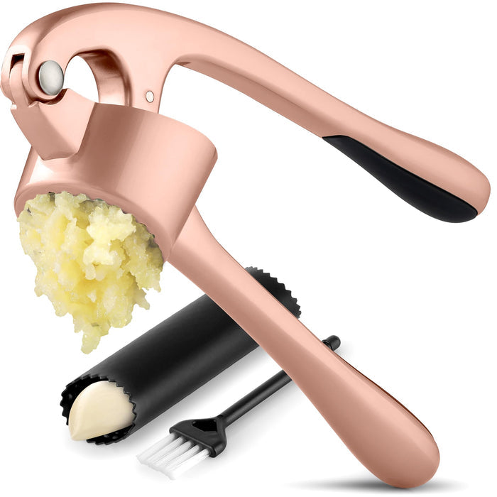 Zulay Kitchen Premium Garlic Press Set - Rust Proof Professional Garlic Mincer Tool - Easy-Squeeze, Easy-Clean with Soft Handle - Silicone Garlic Peeler & Brush (Rose Gold)